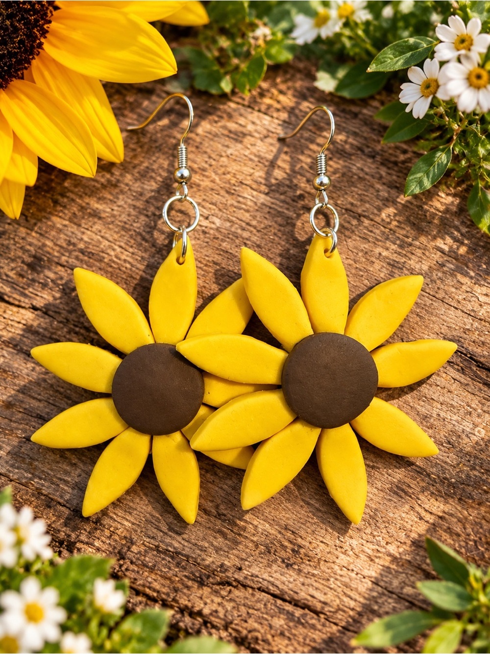 Yellow Sunflower Dangle Handmade Polymer Clay Earrings